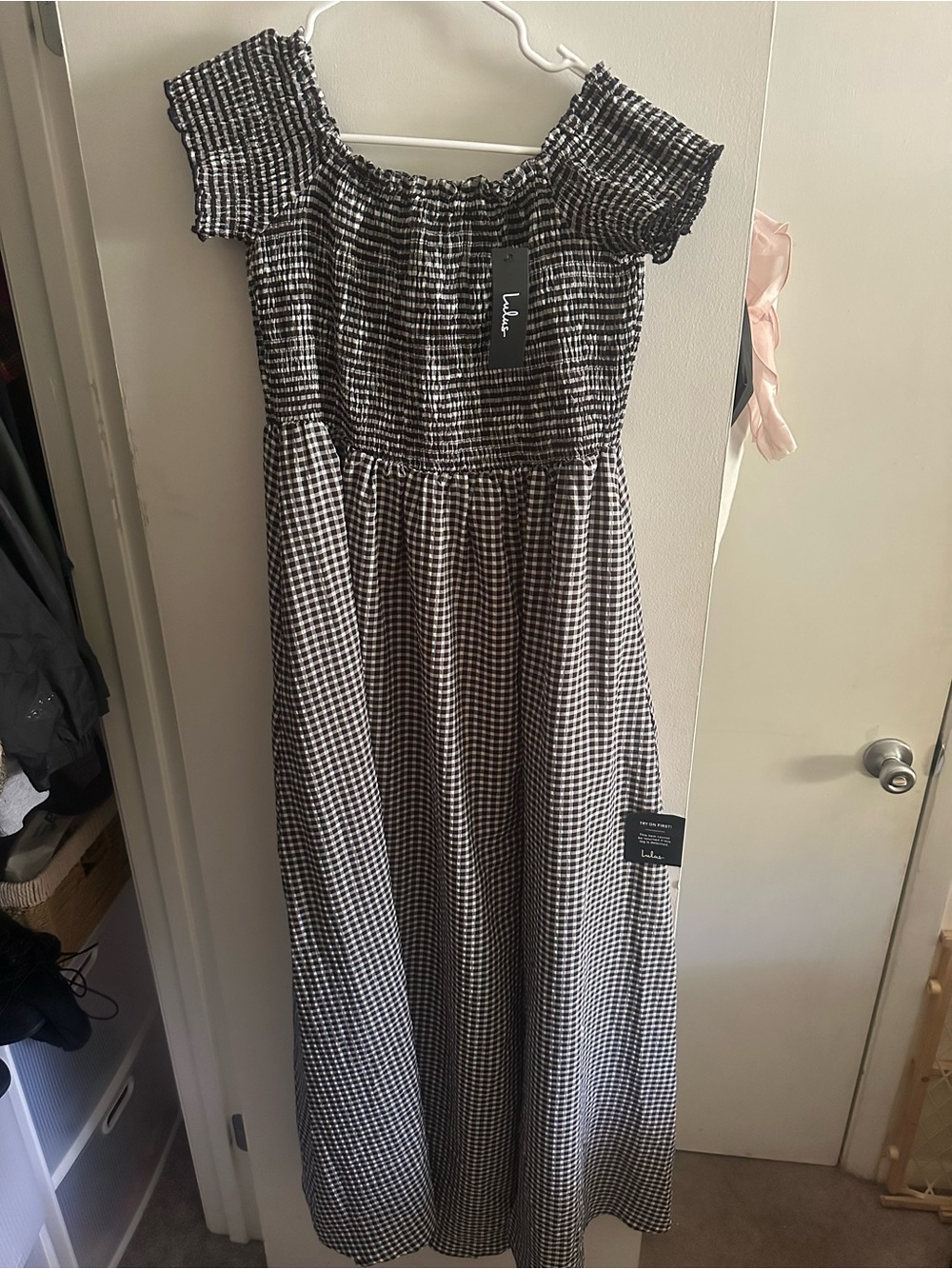 Lulu's Black & White Gingham Off-Shoulder Maxi Dress